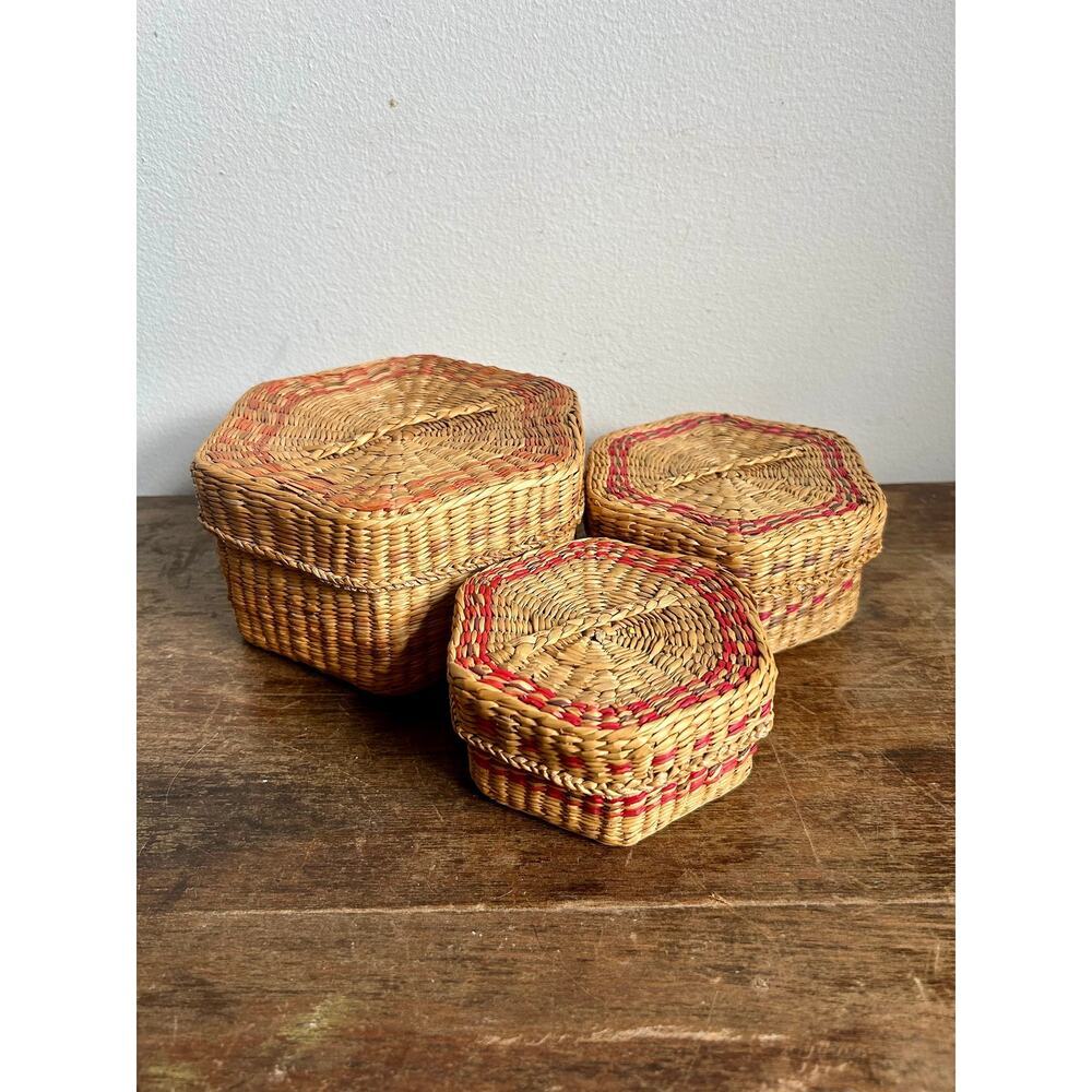 Vintage Chinese Nesting Baskets | Intricate Woven Grass Weave